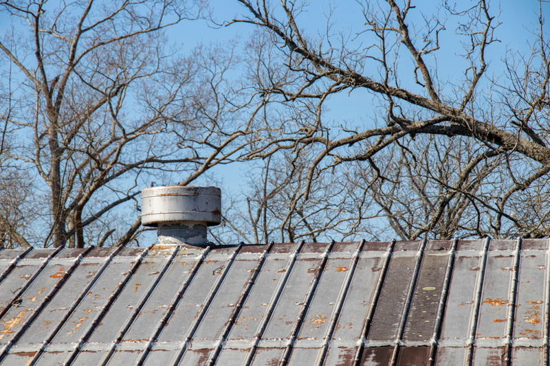 Close-up of a section of vented standing seam metal roof with peeling paint and rust against a background of bare trees and a blue sky.
