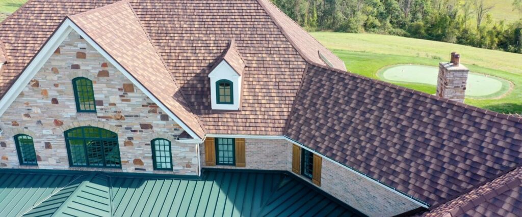 Tan Stone Home with Metal Roof, Barclay