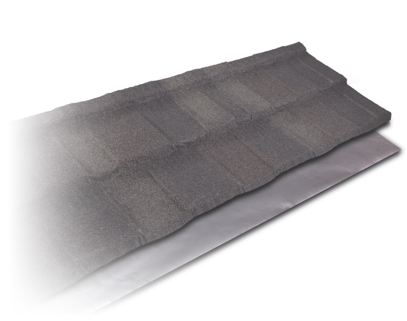This image shows the different layers of a metal roofing shingle