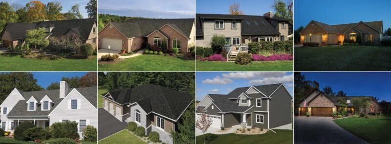 Variety of asphalt shingle colors on real homes.