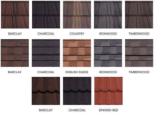 A list of roof styles that range from Barclay, charcoal, country, ironwood, timber wood, and Spanish red. 3 rows, the first row are in a classic style, the second are shingles, the third are Spanish style 