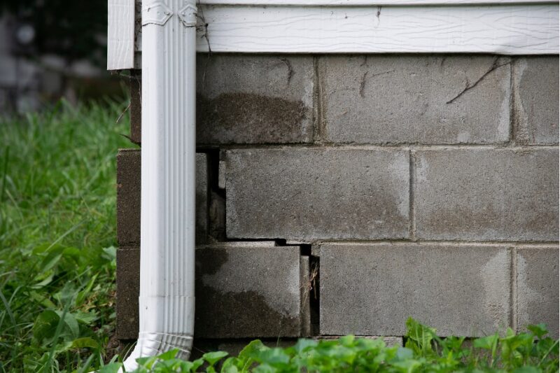 Closeup aluminum downspout and brick home foundation with summer storm water damage.
